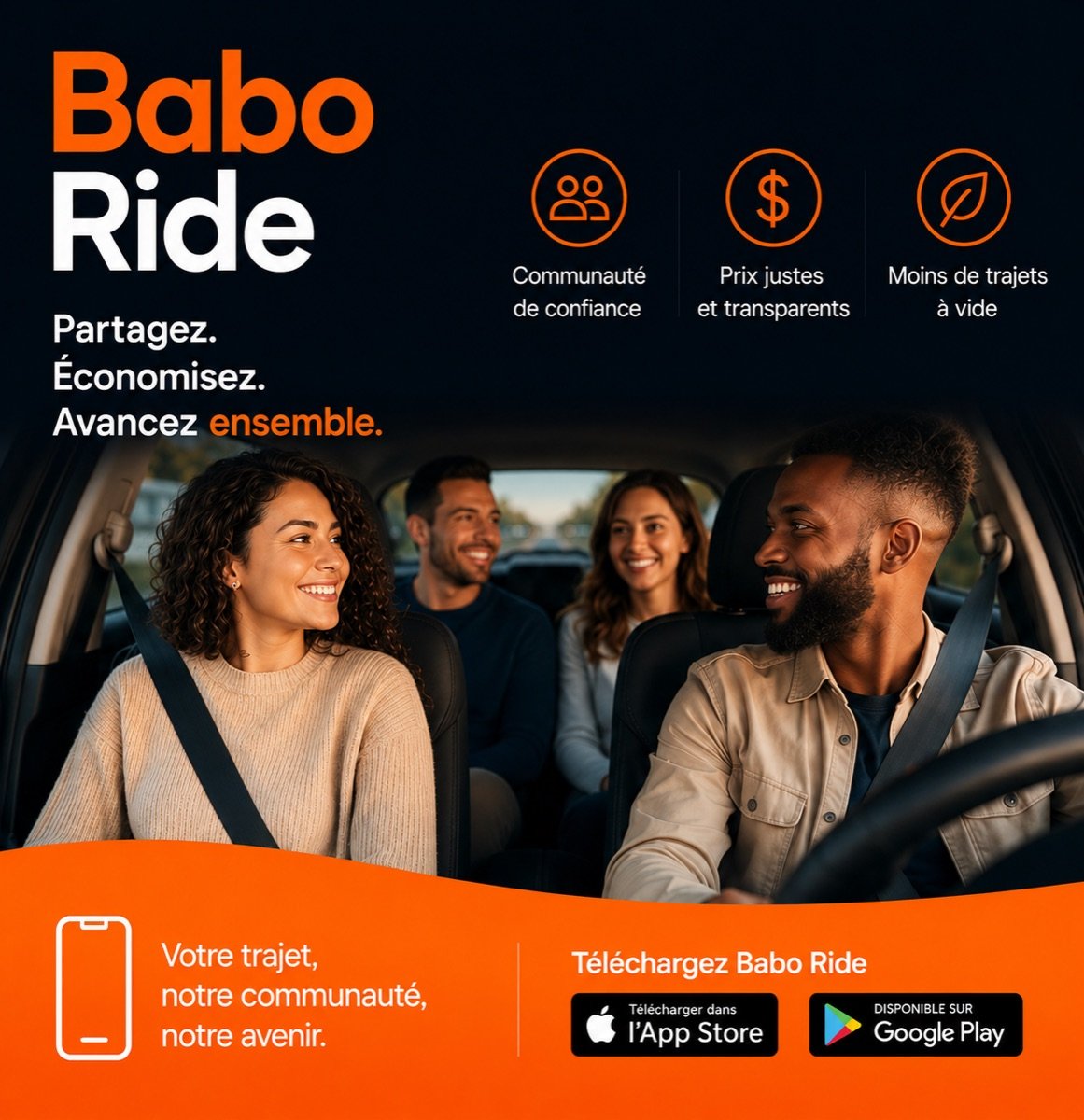 Baboride — Partagez. Économisez. Avancez ensemble. Une conductrice et ses passagers dans une voiture.