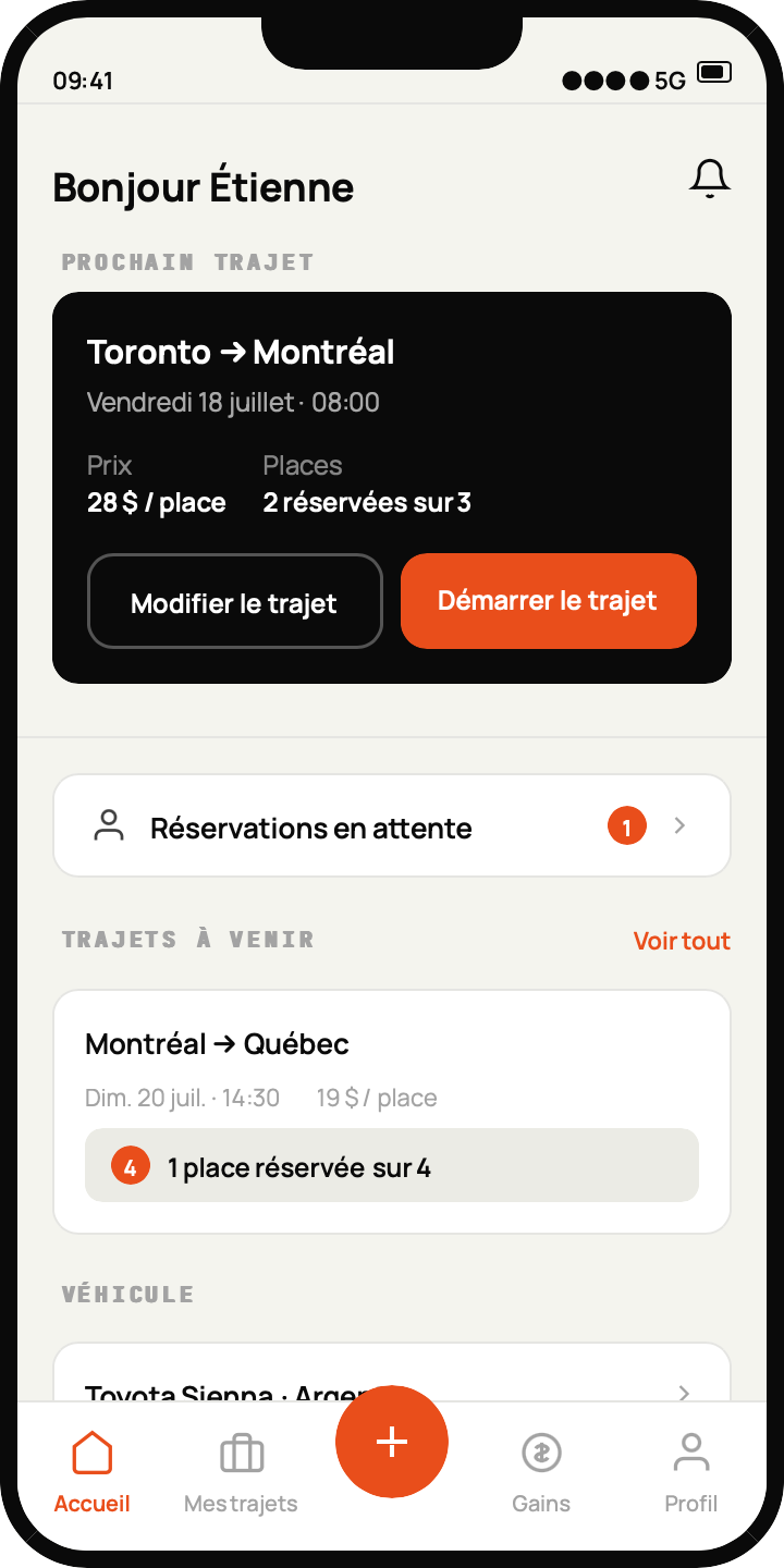 Écran d'accueil conducteur de Baboride : prochain trajet Toronto–Montréal et réservations en attente.