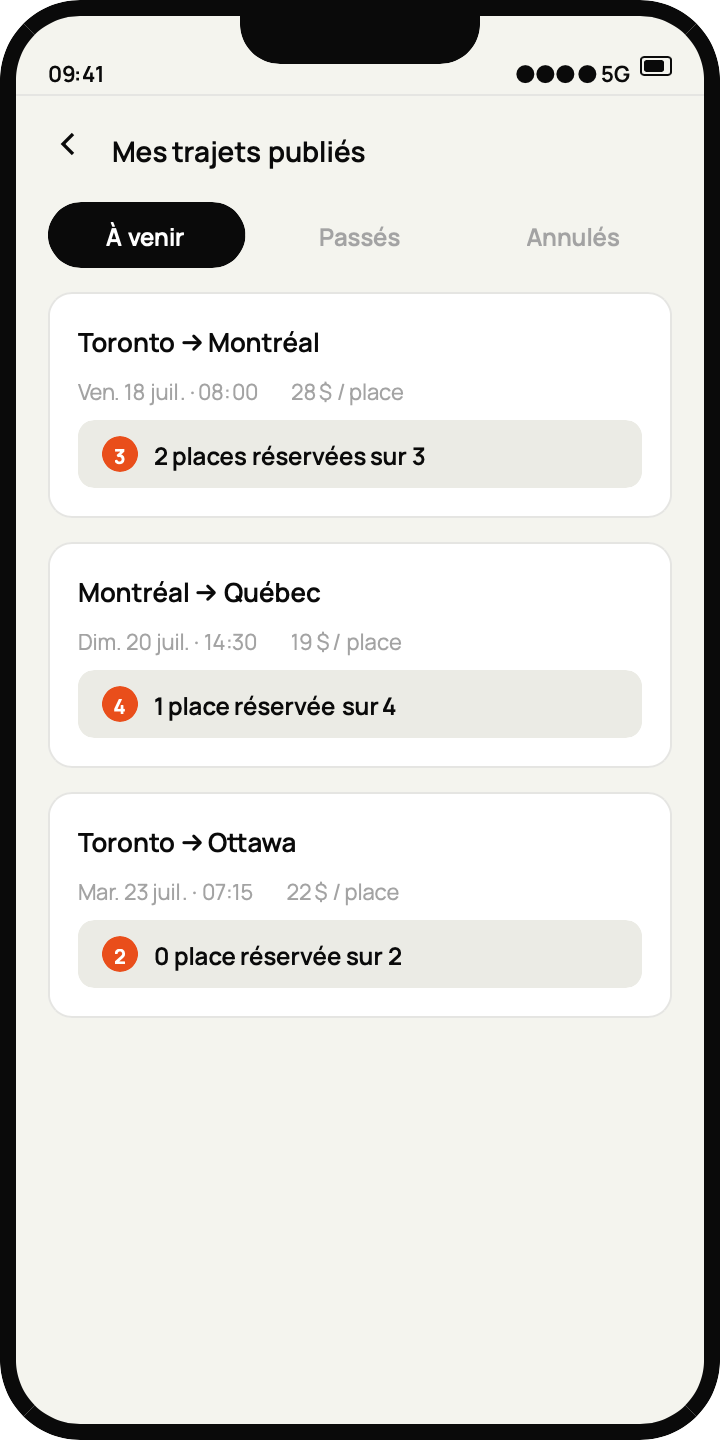 Trajets publiés par un conducteur Baboride, avec les places réservées sur chaque trajet.