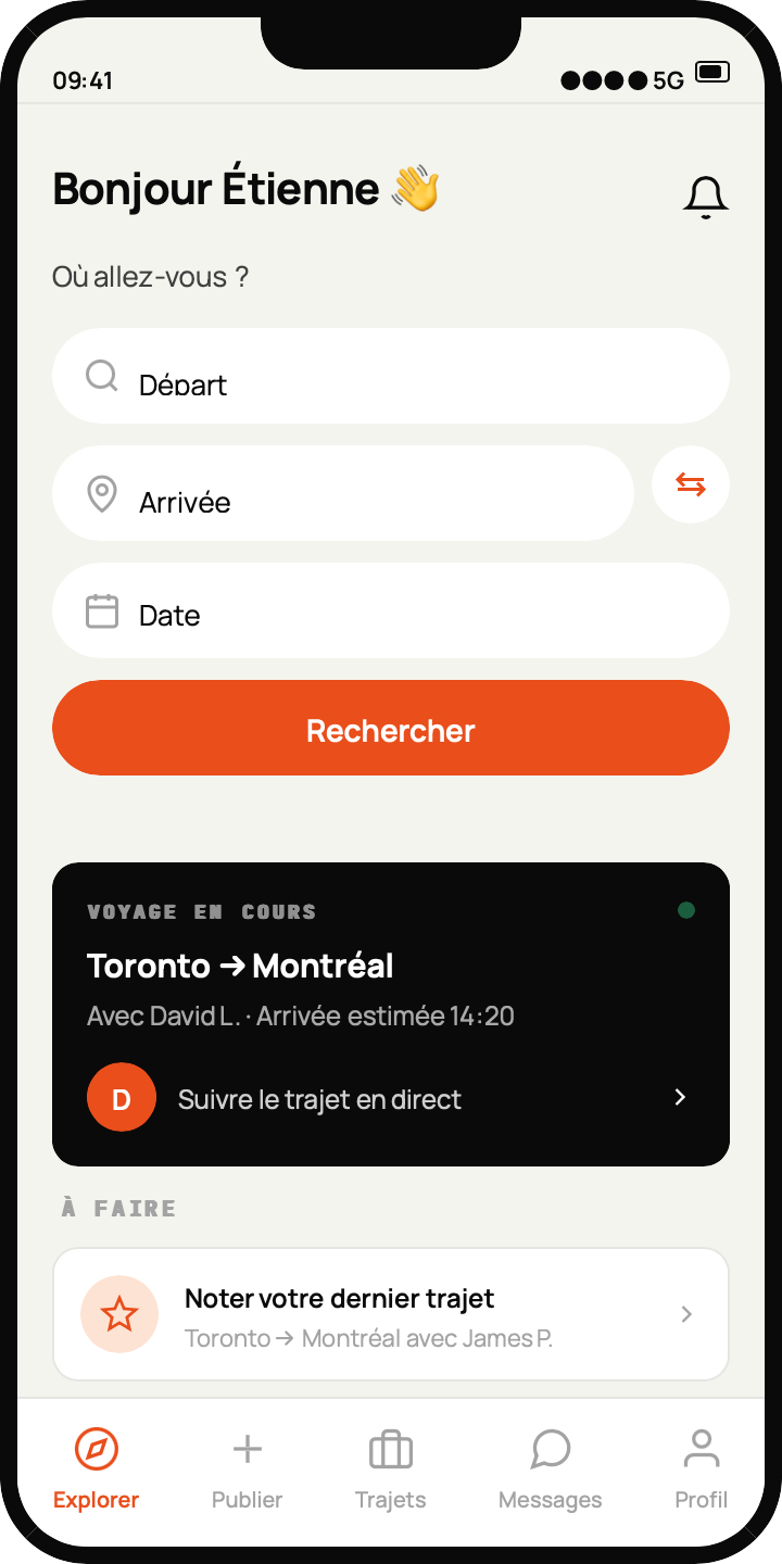 Écran d'accueil passager de Baboride : recherche d'un trajet par départ, arrivée et date.