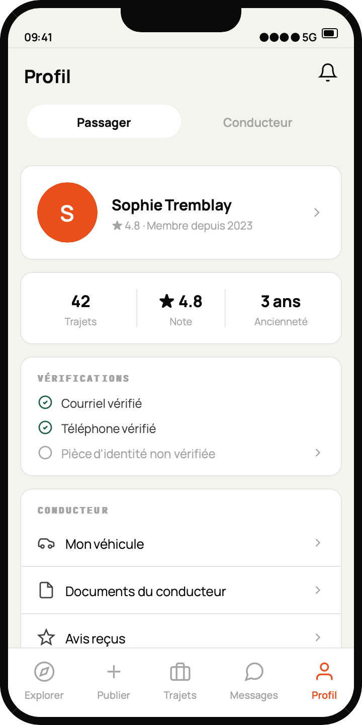 Profil passager Baboride : note, ancienneté et vérifications courriel, téléphone et pièce d'identité.