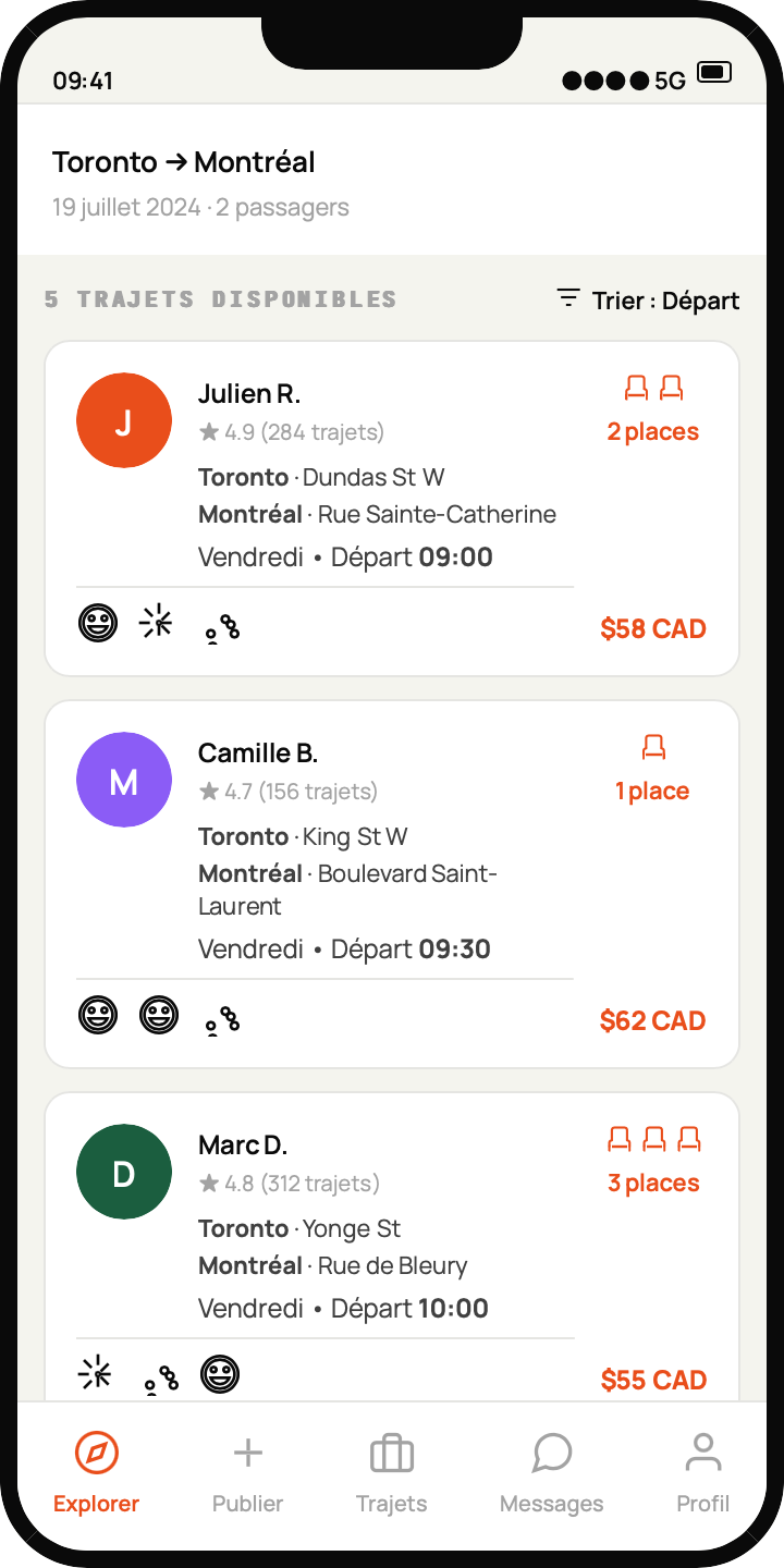 Résultats de recherche Baboride : conducteurs, horaires, places restantes et prix par place.
